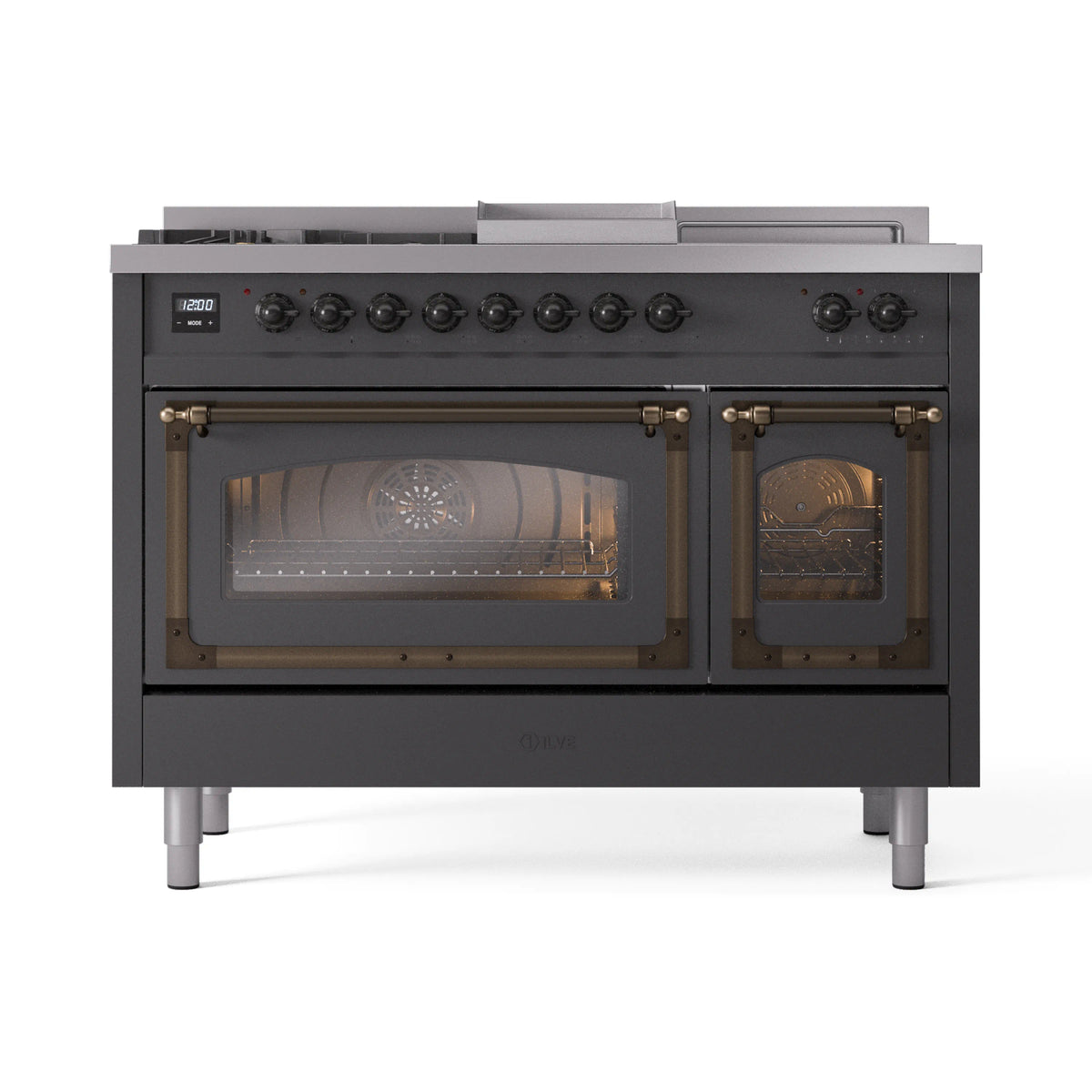 ILVE dual fuel range with matte graphite exterior, open ovens, and bronze oven hardware