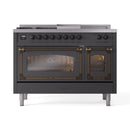ILVE 48-Inch Nostalgie II Noblesse Natural Gas Dual Fuel Range with 5 Sealed Burners, Griddle, French Top and Triple Glass Door Oven in Matte Graphite with Bronze Trim
