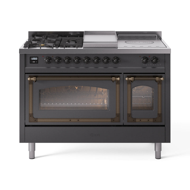 ILVE 48-Inch Nostalgie II Noblesse Dual Fuel Rangewith 5 Sealed Burners, Griddle, French Top and Triple Glass Door Oven in Matte Graphite with Bronze Trim