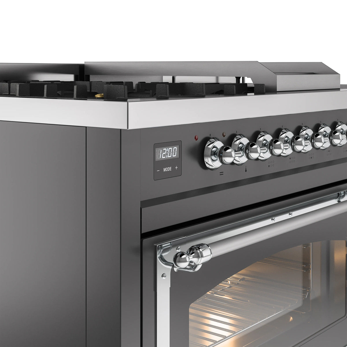 Dual fuel range control panel with round knobs and chrome oven handle, matte graphite