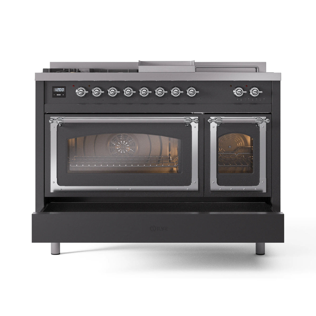 Dual fuel range with control panel, matte graphite body, and two oven doors