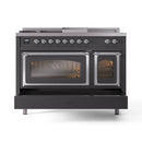 ILVE 48-Inch Nostalgie II Noblesse Propane Gas Dual Fuel Range with 5 Sealed Burners, Griddle, French Top and Triple Glass Door Oven in Matte Graphite with Chrome Trim (UN48FSNMPMGCLP)