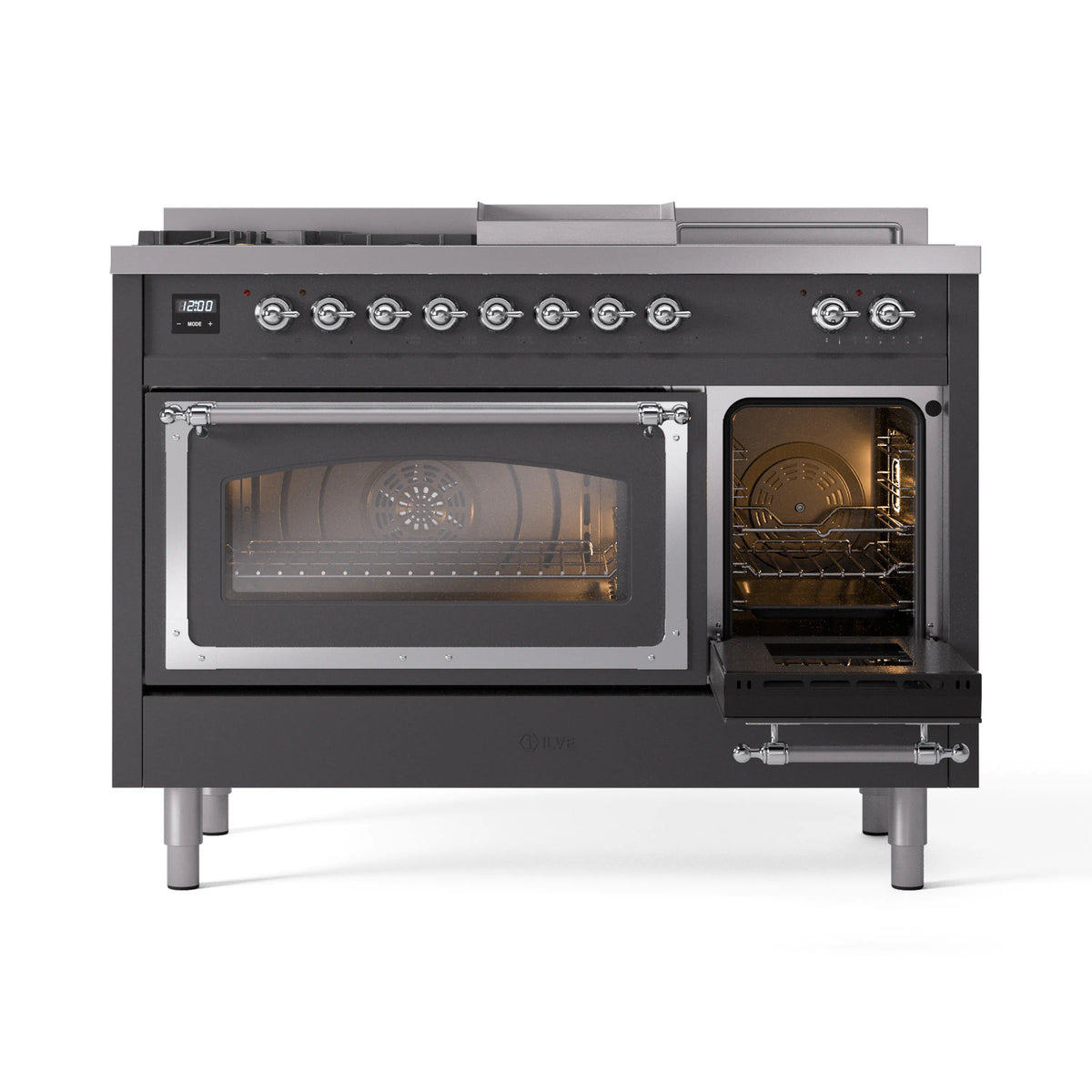 Matte graphite dual fuel range with large viewing oven door and side oven window