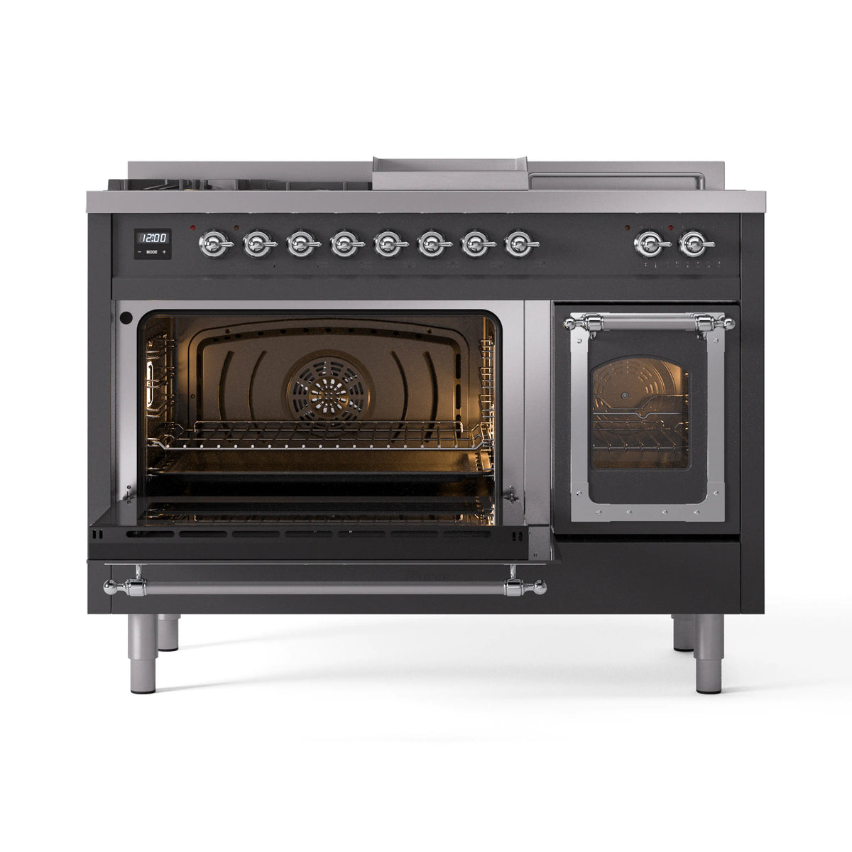Dual fuel range with both oven compartments open and chrome-trimmed doors in matte graphite