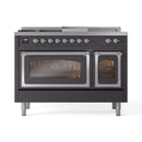 ILVE 48-Inch Nostalgie II Noblesse Dual Fuel Range with 5 Sealed Burners, Griddle, French Top and Triple Glass Door Oven in Matte Graphite with Chrome Trim (UN48FSNMPMGC)
