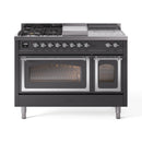 ILVE 48-Inch Nostalgie II Noblesse Dual Fuel Range with 5 Sealed Burners, Griddle, French Top and Triple Glass Door Oven in Matte Graphite with Chrome Trim (UN48FSNMPMGC)