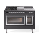 ILVE 48-Inch Nostalgie II Noblesse Propane Gas Dual Fuel Range with 5 Sealed Burners, Griddle, French Top and Triple Glass Door Oven in Matte Graphite with Chrome Trim (UN48FSNMPMGCLP)