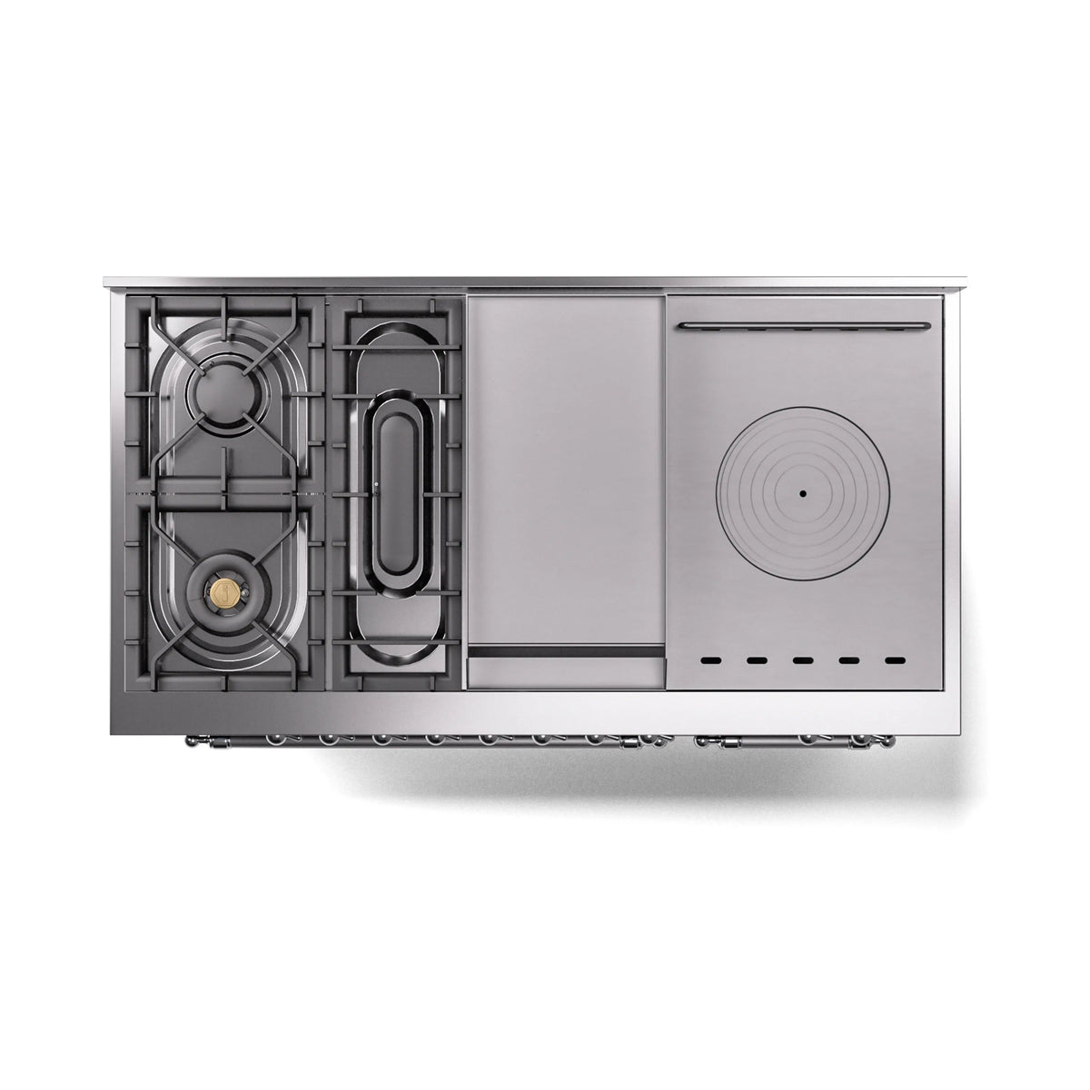 Dual fuel range rear panel with exposed gas burners and cooktop base, matte graphite
