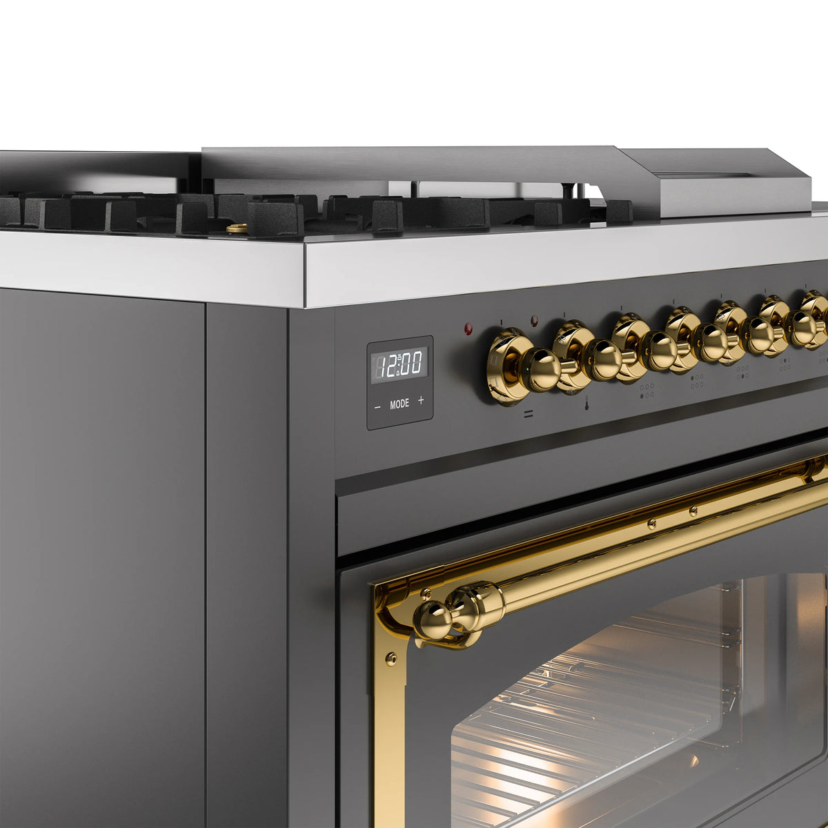 Dual fuel range control panel with brass knobs and blue oven display