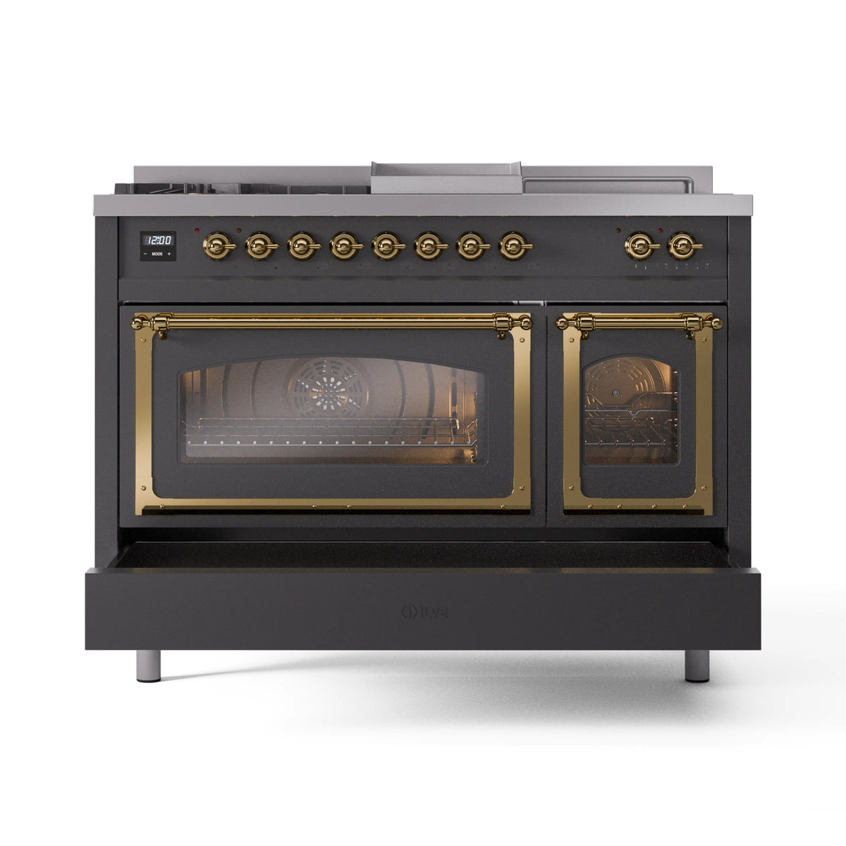 Matte graphite range with brass-trimmed doors and lit oven viewing windows