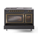 ILVE 48-Inch Nostalgie II Noblesse Propane Gas Dual Fuel Range with 5 Sealed Burners, Griddle, French Top and Triple Glass Door Oven in Matte Graphite with Brass Trim (UN48FSNMPMGGLP)