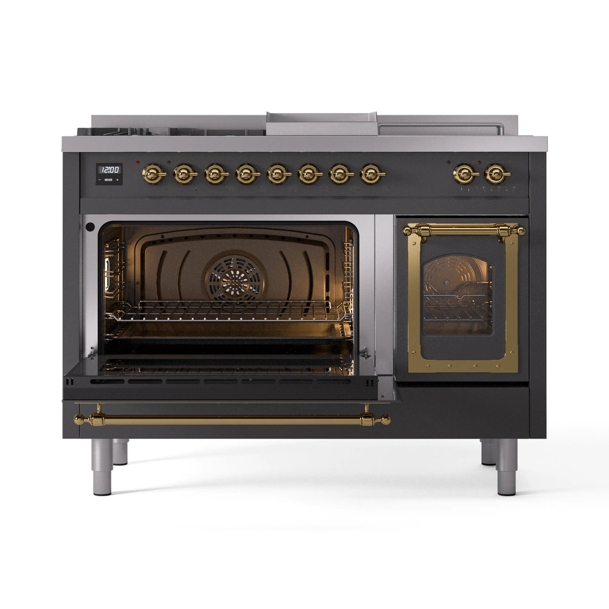 Matte graphite dual fuel range with brass-trimmed open oven door showing interior rack