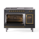 ILVE 48-Inch Nostalgie II Noblesse Natural Gas Dual Fuel Range with 5 Sealed Burners, Griddle, French Top and Triple Glass Door Oven in Matte Graphite with Brass Trim (UN48FSNMPMGG)