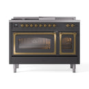 ILVE 48-Inch Nostalgie II Noblesse Propane Gas Dual Fuel Range with 5 Sealed Burners, Griddle, French Top and Triple Glass Door Oven in Matte Graphite with Brass Trim (UN48FSNMPMGGLP)