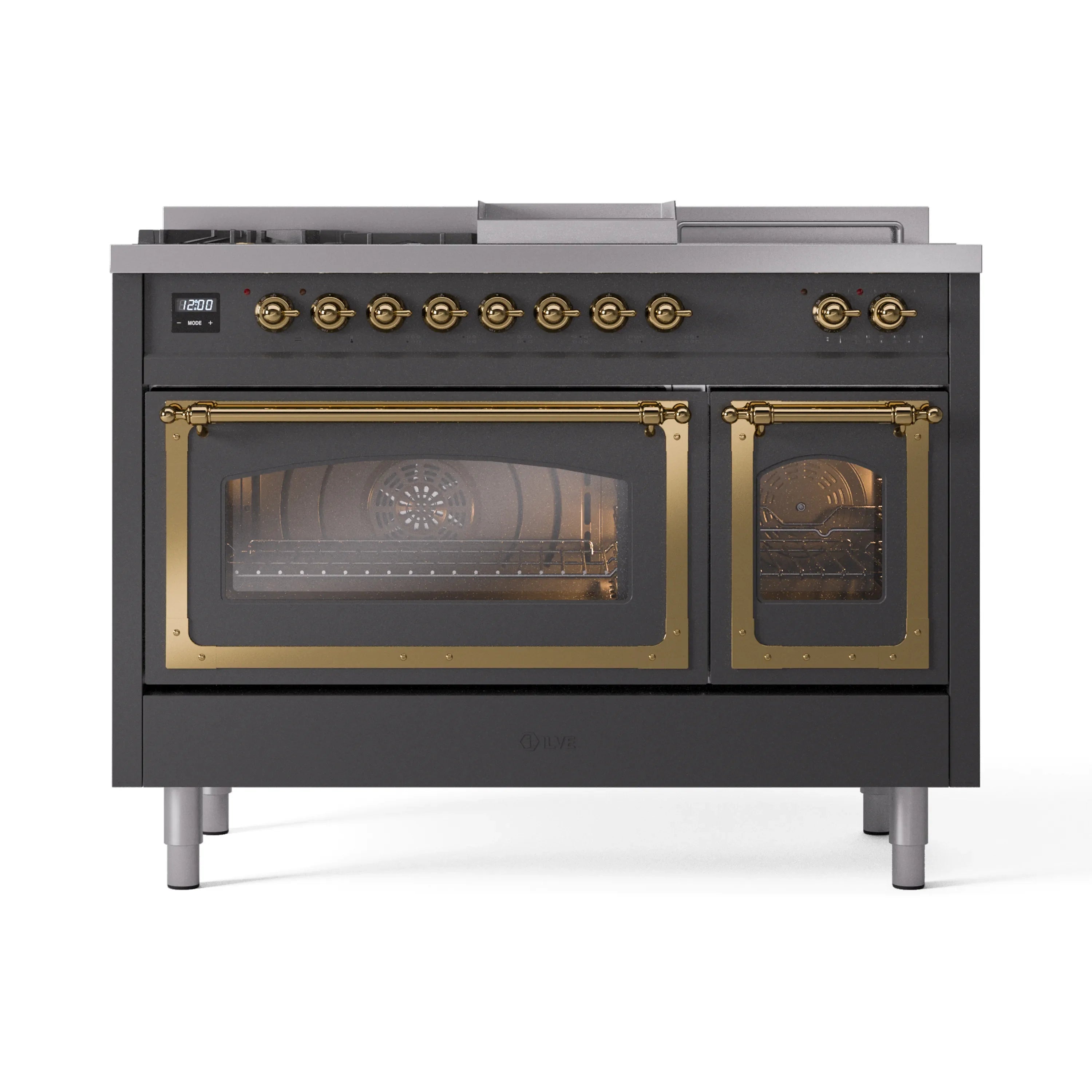 Matte graphite dual fuel range with brass control knobs and two closed oven doors