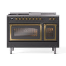 ILVE 48-Inch Nostalgie II Noblesse Natural Gas Dual Fuel Range with 5 Sealed Burners, Griddle, French Top and Triple Glass Door Oven in Matte Graphite with Brass Trim (UN48FSNMPMGG)
