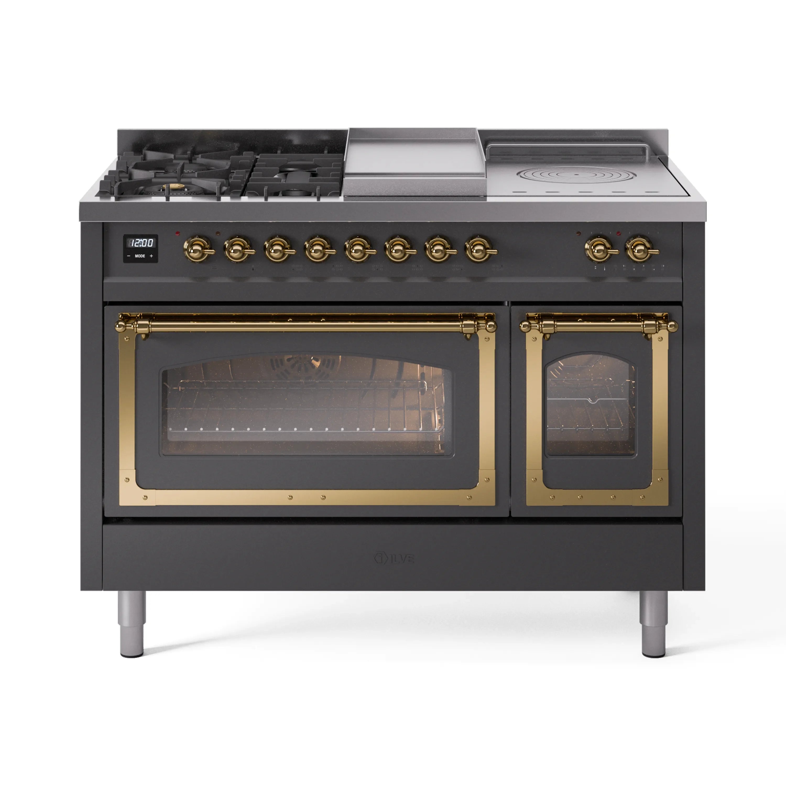 Matte graphite dual fuel range with brass trim, French top and sealed burners