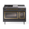 ILVE 48-Inch Nostalgie II Noblesse Natural Gas Dual Fuel Range with 5 Sealed Burners, Griddle, French Top and Triple Glass Door Oven in Matte Graphite with Brass Trim (UN48FSNMPMGG)