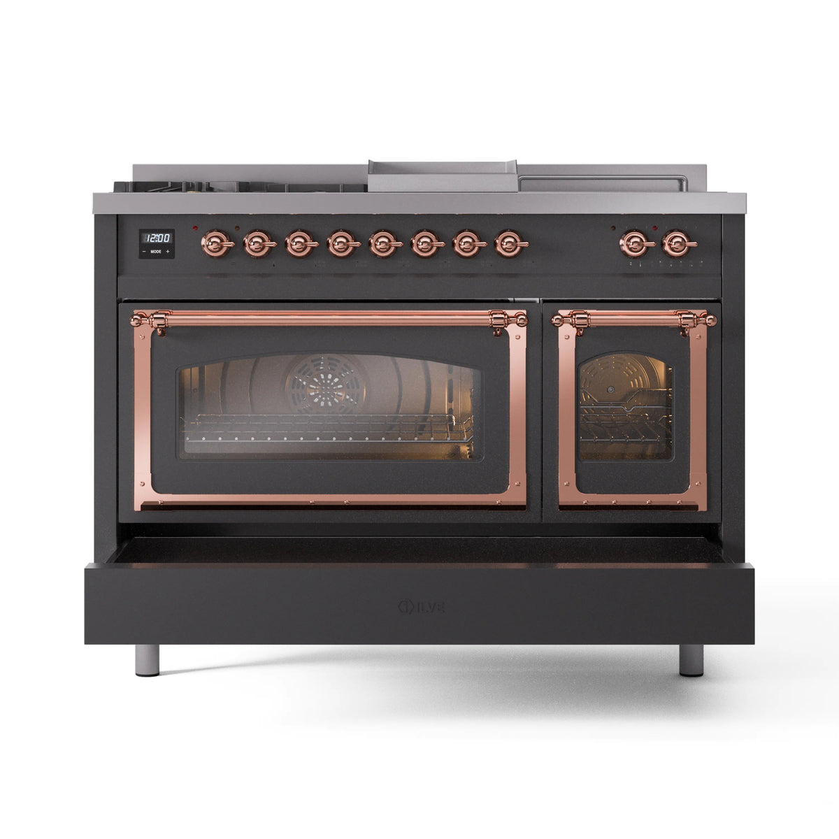 Matte graphite dual-fuel range front view with copper-trimmed triple glass oven doors