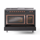 ILVE 48-Inch Nostalgie II Noblesse Propane Gas Dual Fuel Range with 5 Sealed Burners, Griddle, French Top and Triple Glass Door Oven in Matte Graphite with Copper Trim (UN48FSNMPMGPLP)