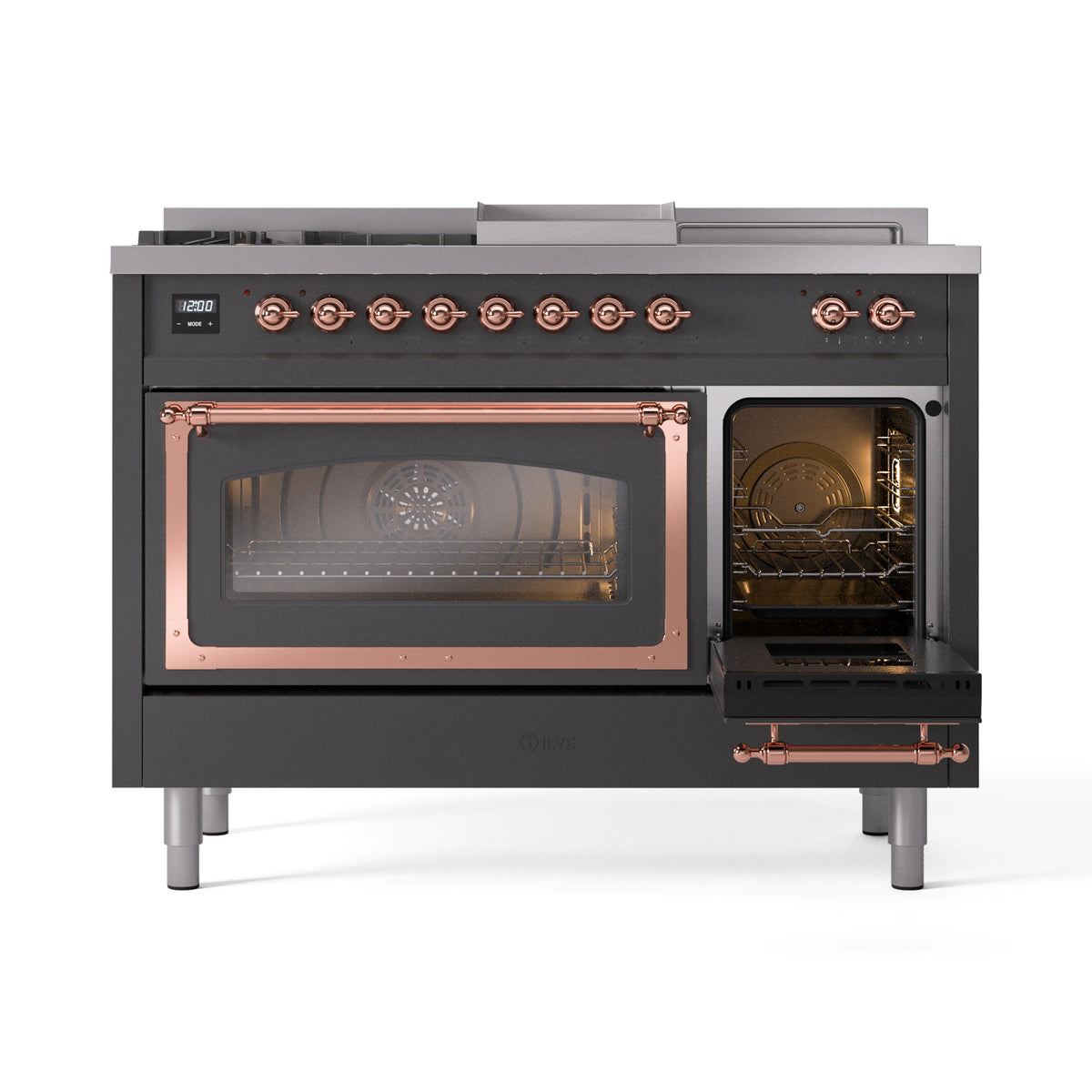 Matte graphite range with one oven door open and glowing interior light