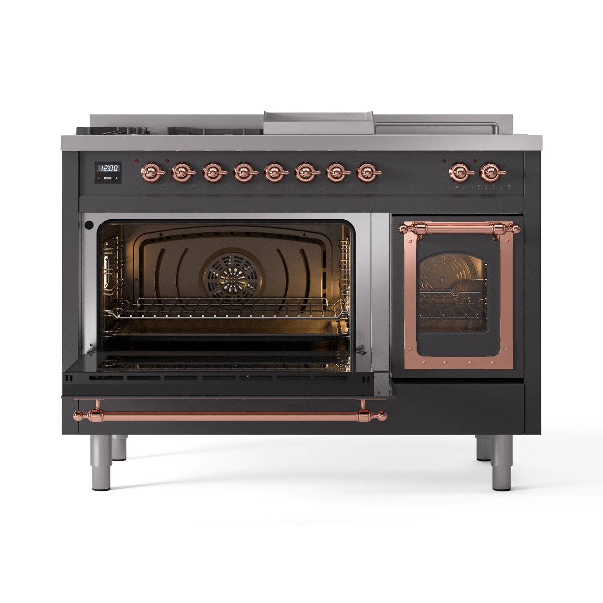 Matte graphite dual-fuel range with both ovens open, copper trim, and interior racks