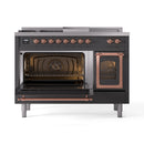 ILVE 48-Inch Nostalgie II Noblesse Natural Gas Dual Fuel Range with 5 Sealed Burners, Griddle, French Top and Triple Glass Door Oven in Matte Graphite with Copper Trim (UN48FSNMPMGP)