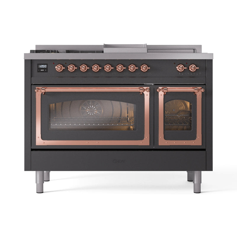 ILVE 48-Inch Nostalgie II Noblesse Dual Fuel Rangewith 5 Sealed Burners, Griddle, French Top and Triple Glass Door Oven in Matte Graphite with Copper Trim (UN48FSNMPMGP)
