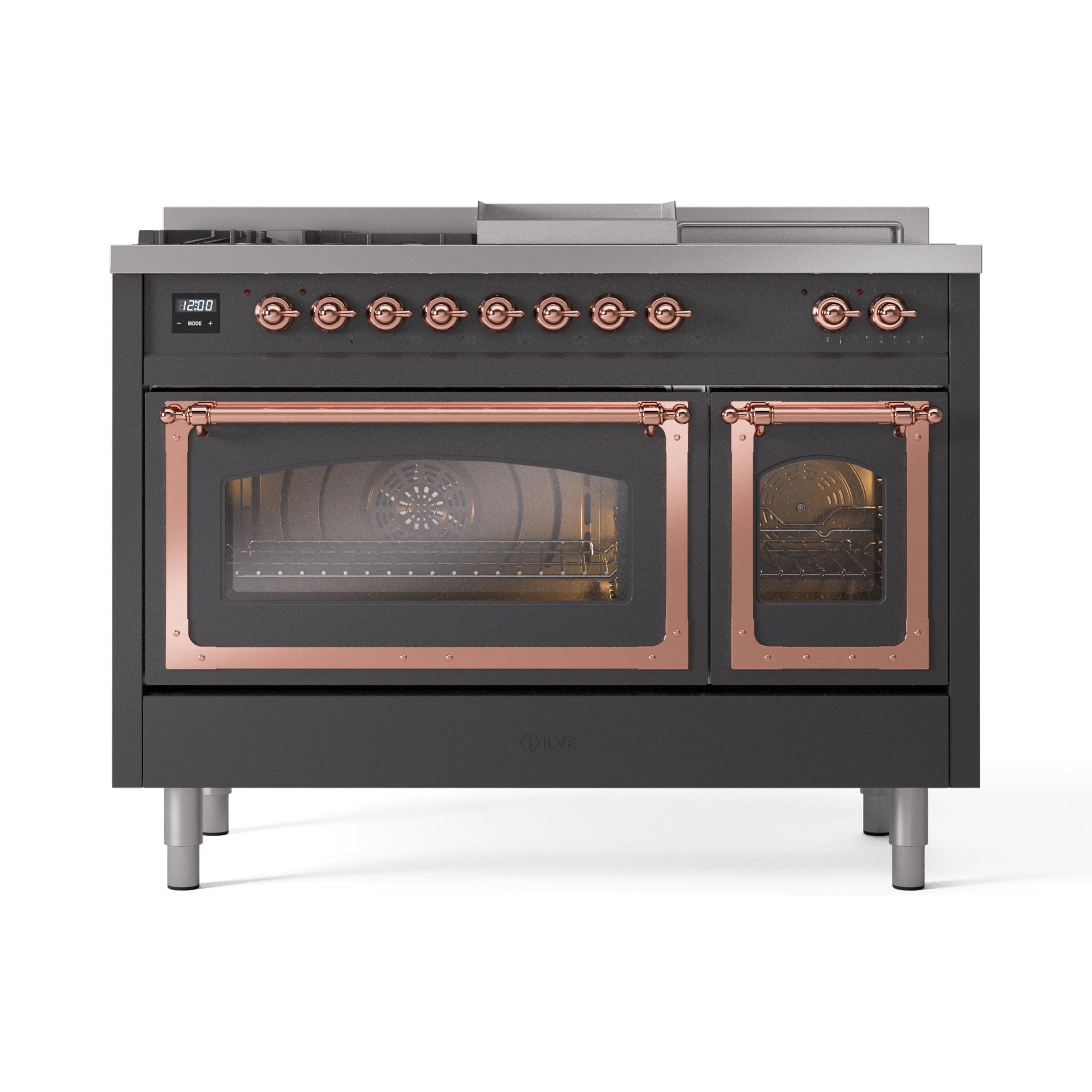 Matte graphite range front with copper knob panel and two glass oven doors