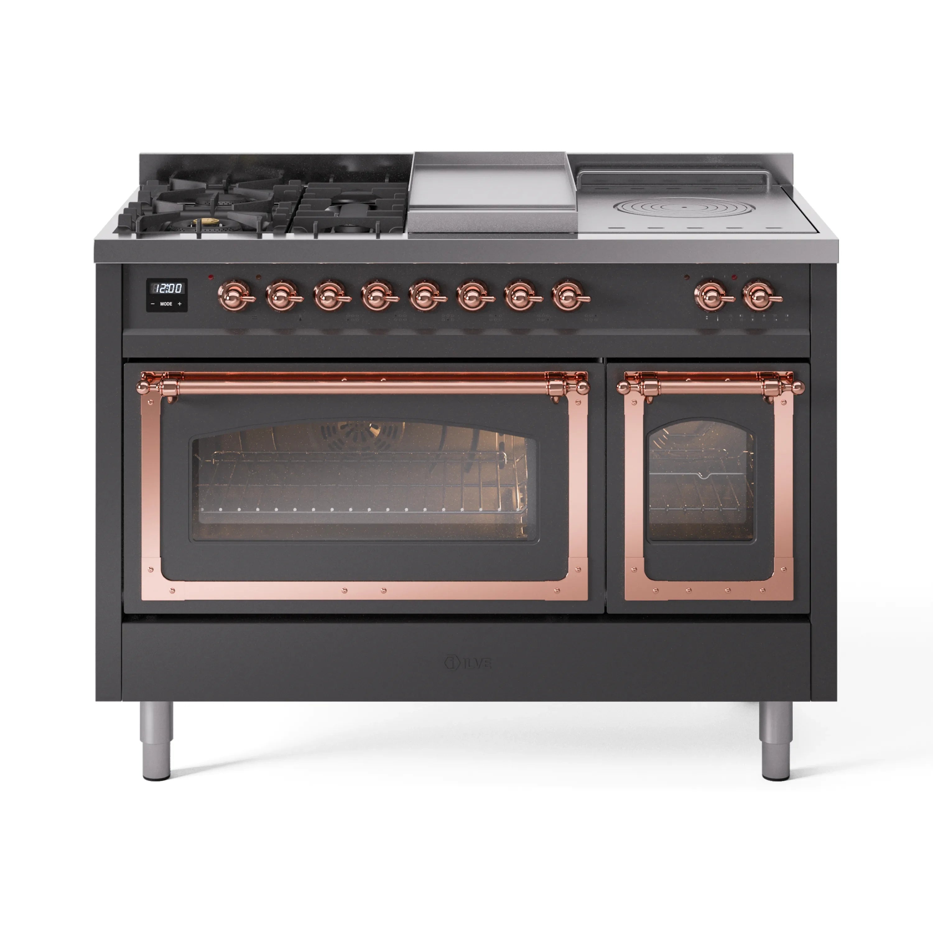 Matte graphite dual fuel range with copper-trim controls and twin oven doors