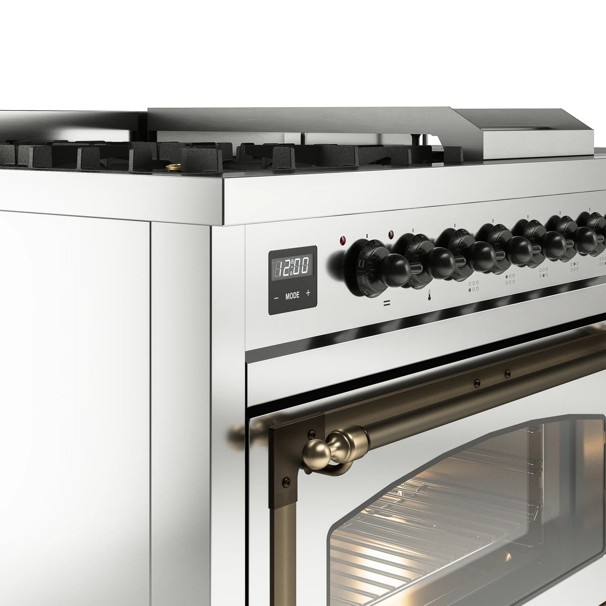 Stainless steel range control panel with knobs and digital display