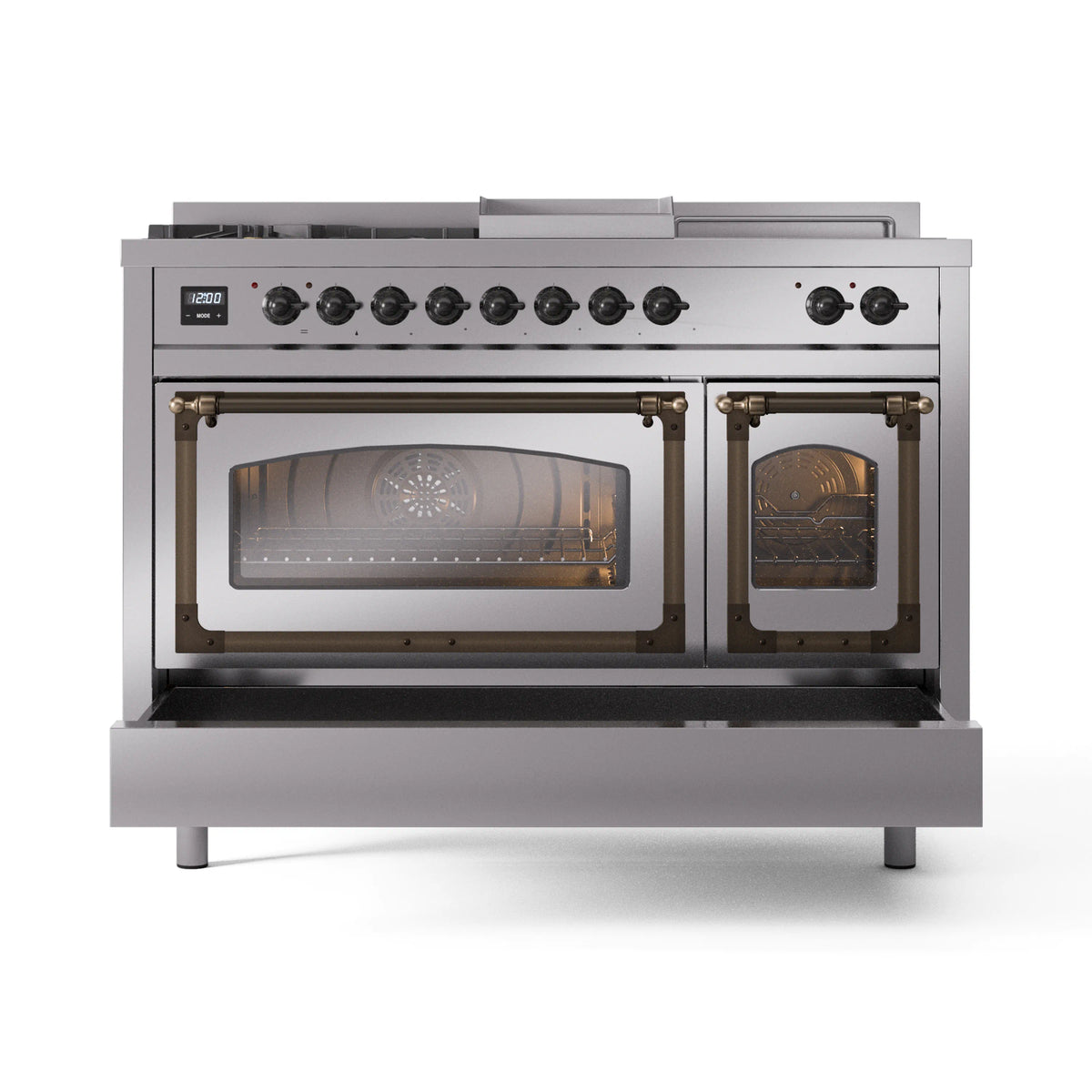 Stainless dual fuel range with bronze trim, both oven doors closed with lit interiors