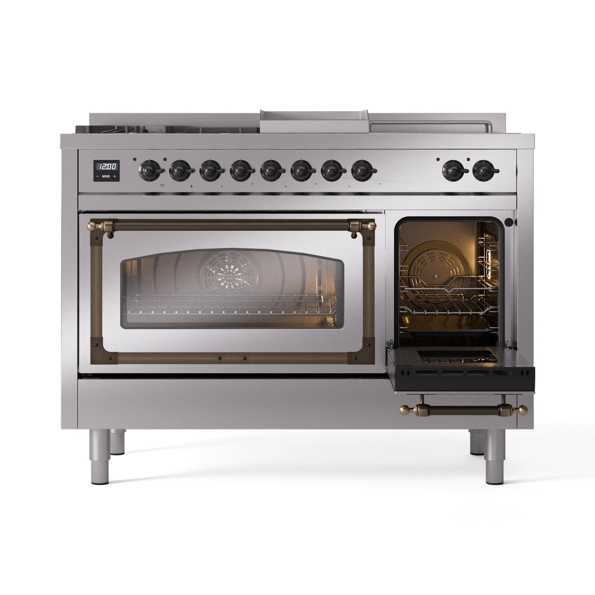 Stainless dual fuel range with bronze trim, left oven door open and right oven door closed