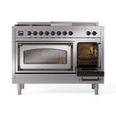 ILVE 48-Inch Nostalgie II Noblesse Propane Gas Dual Fuel Range with 5 Sealed Burners, Griddle, French Top and Triple Glass Door Oven in Stainless Steel with Bronze Trim (UN48FSNMPSSBLP)