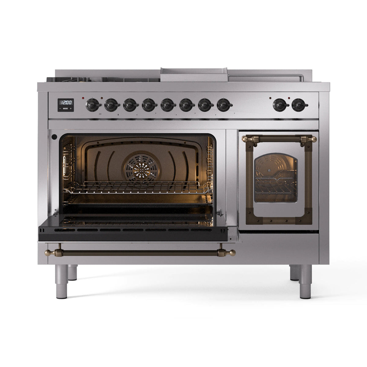 Stainless steel dual-fuel range with both oven doors open, illuminated interiors