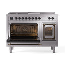ILVE 48-Inch Nostalgie II Noblesse Propane Gas Dual Fuel Range with 5 Sealed Burners, Griddle, French Top and Triple Glass Door Oven in Stainless Steel with Bronze Trim (UN48FSNMPSSBLP)