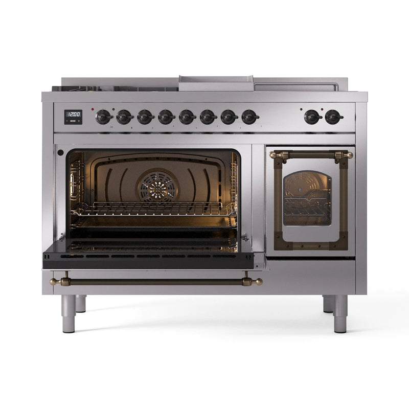 ILVE 48-Inch Nostalgie II Noblesse Dual Fuel Range with 5 Sealed Burners, Griddle, French Top and Triple Glass Door Oven in Stainless Steel with Bronze Trim (UN48FSNMPSSB)