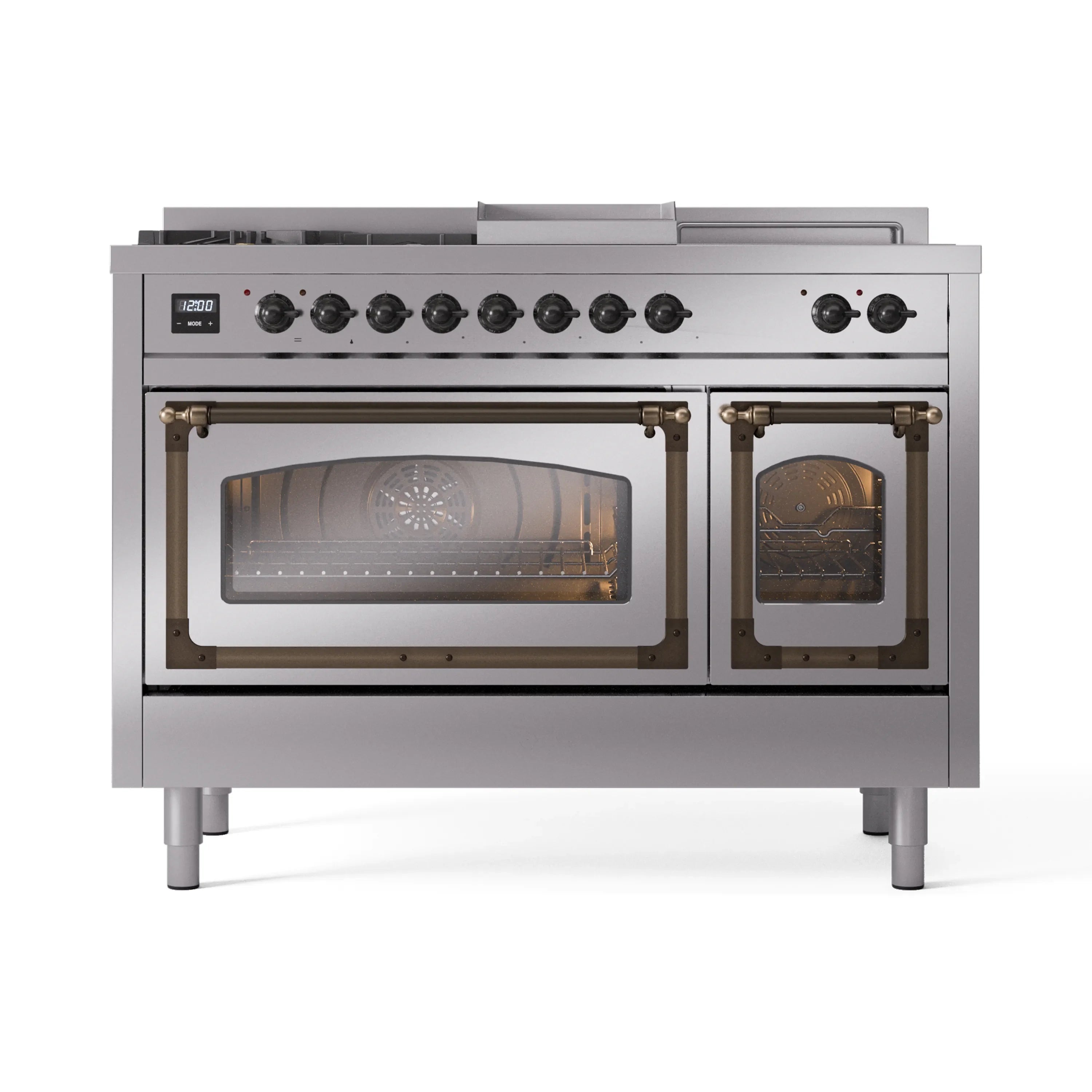 Stainless steel dual-fuel range with control panel and glass-front ovens