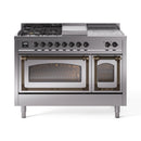 ILVE 48-Inch Nostalgie II Noblesse Propane Gas Dual Fuel Range with 5 Sealed Burners, Griddle, French Top and Triple Glass Door Oven in Stainless Steel with Bronze Trim (UN48FSNMPSSBLP)