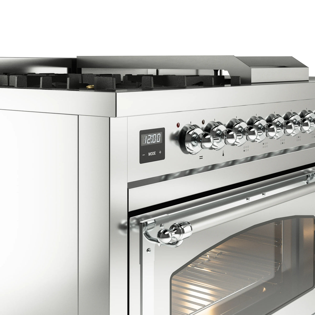 Stainless steel dual fuel range control panel with knob row and digital display