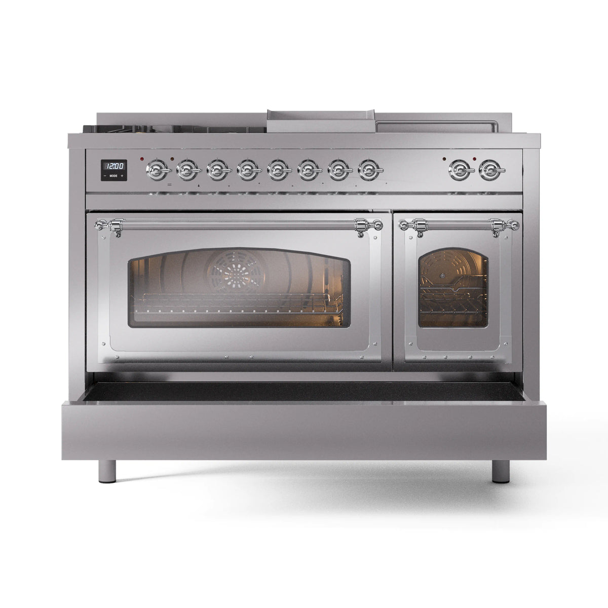 Stainless steel dual fuel range with wide glass oven window and smaller door
