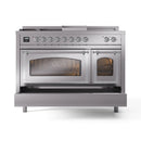 ILVE 48-Inch Nostalgie II Noblesse Natural Gas Dual Fuel Range with 5 Sealed Burners, Griddle, French Top and Triple Glass Door Oven in Stainless Steel with Chrome Trim (UN48FSNMPSSC)