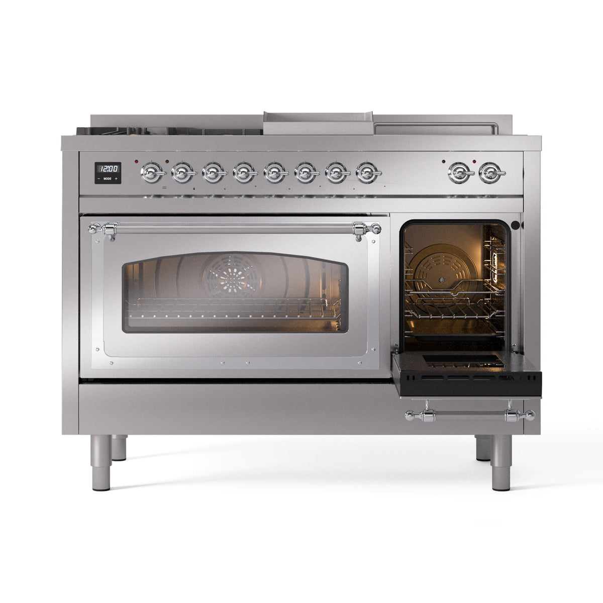 Stainless steel dual fuel range with large oven window open and right oven door open
