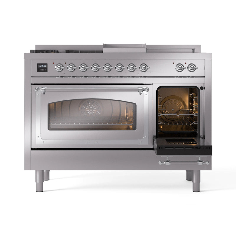 ILVE 48-Inch Nostalgie II Noblesse Dual Fuel Range with 5 Sealed Burners, Griddle, French Top and Triple Glass Door Oven in Stainless Steel with Chrome Trim (UN48FSNMPSSC)