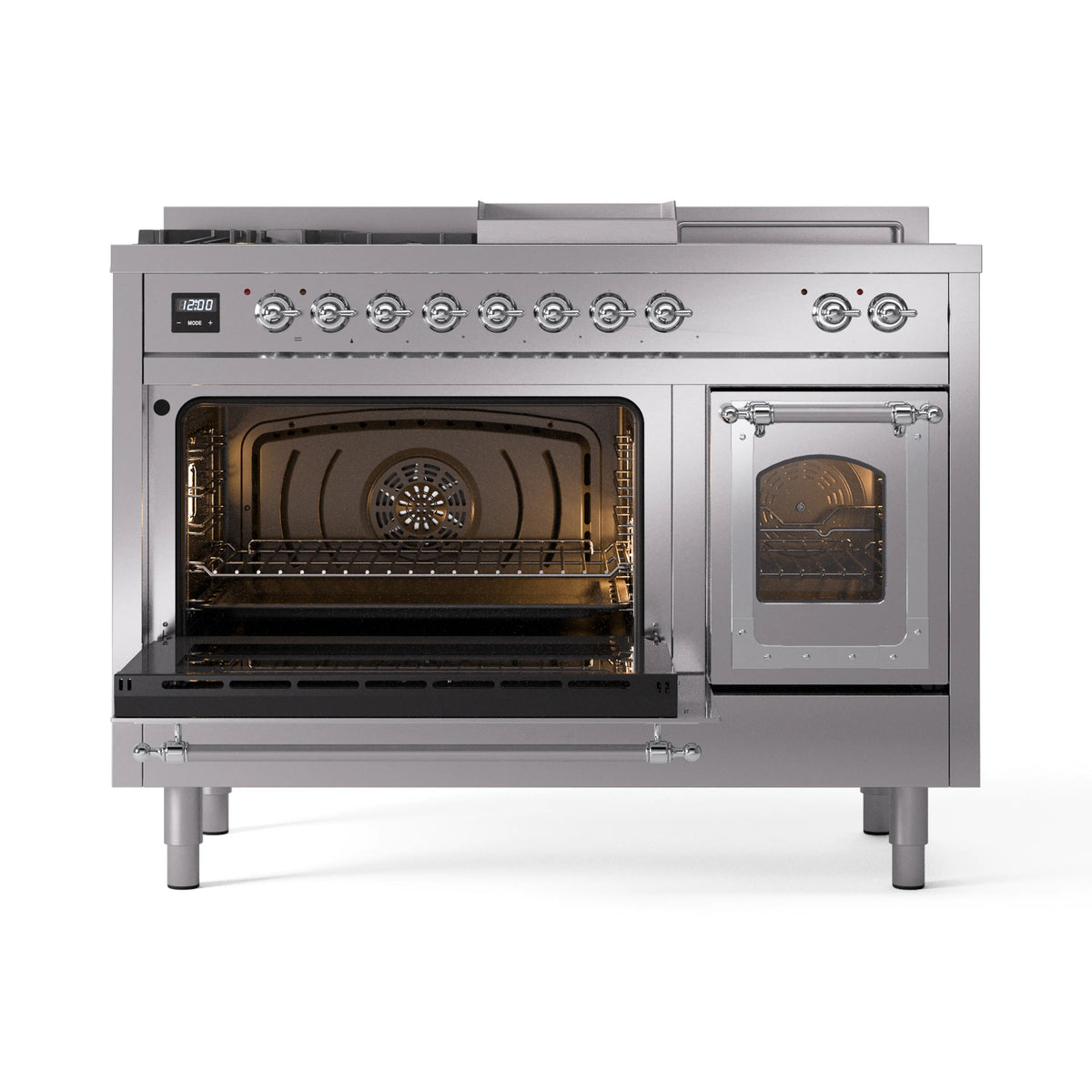Stainless steel dual fuel range with both oven doors open, showing lit interiors and racks