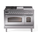 ILVE 48-Inch Nostalgie II Noblesse Natural Gas Dual Fuel Range with 5 Sealed Burners, Griddle, French Top and Triple Glass Door Oven in Stainless Steel with Chrome Trim (UN48FSNMPSSC)