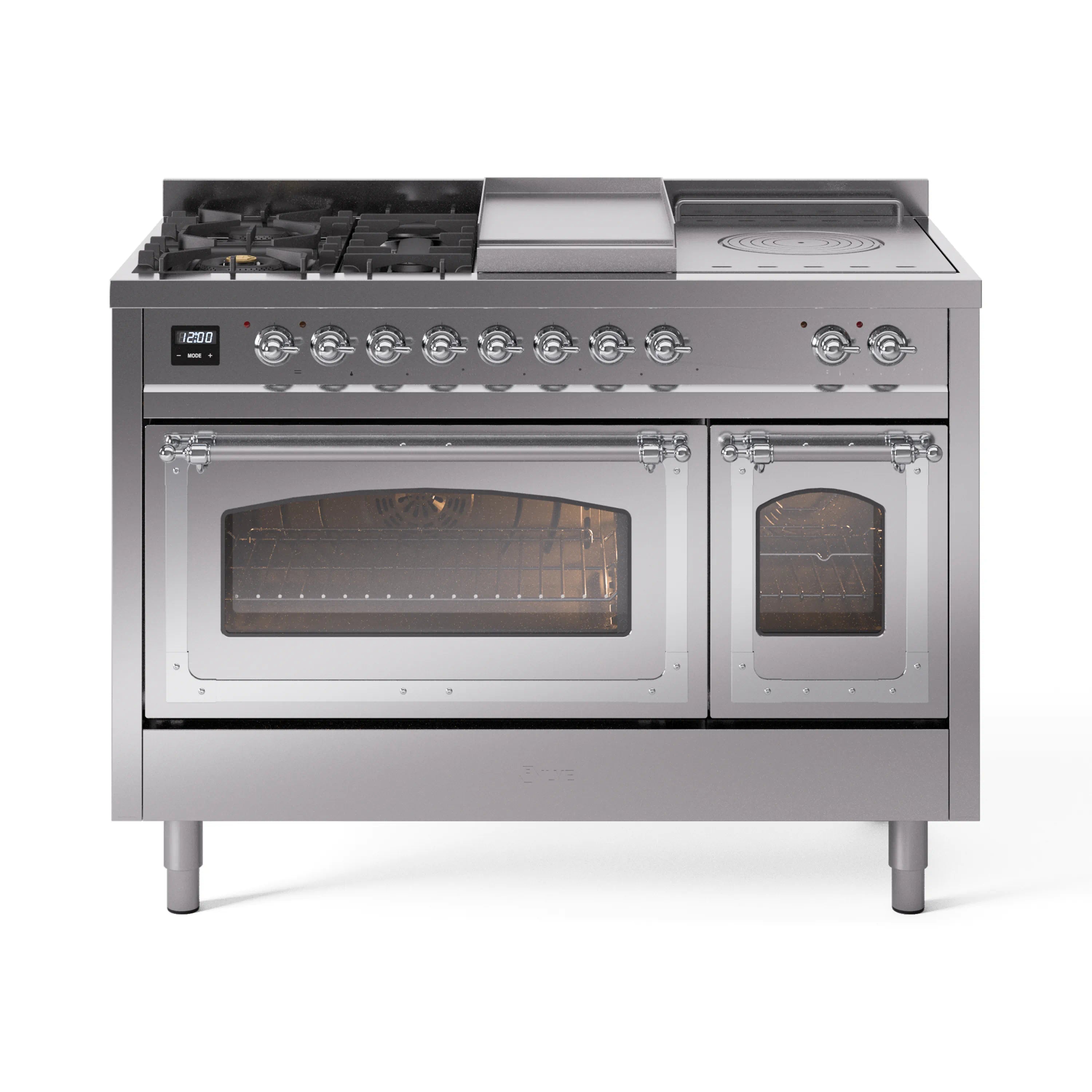 Stainless steel dual fuel range with two oven compartments and burner/griddle control knobs