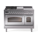 ILVE 48-Inch Nostalgie II Noblesse Natural Gas Dual Fuel Range with 5 Sealed Burners, Griddle, French Top and Triple Glass Door Oven in Stainless Steel with Chrome Trim (UN48FSNMPSSC)