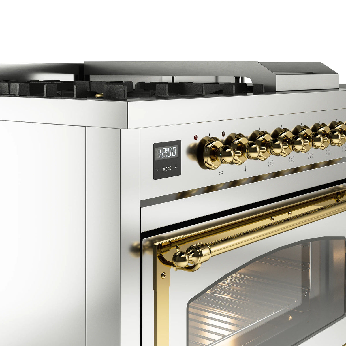 Dual fuel range control panel with gold brass knobs and digital display