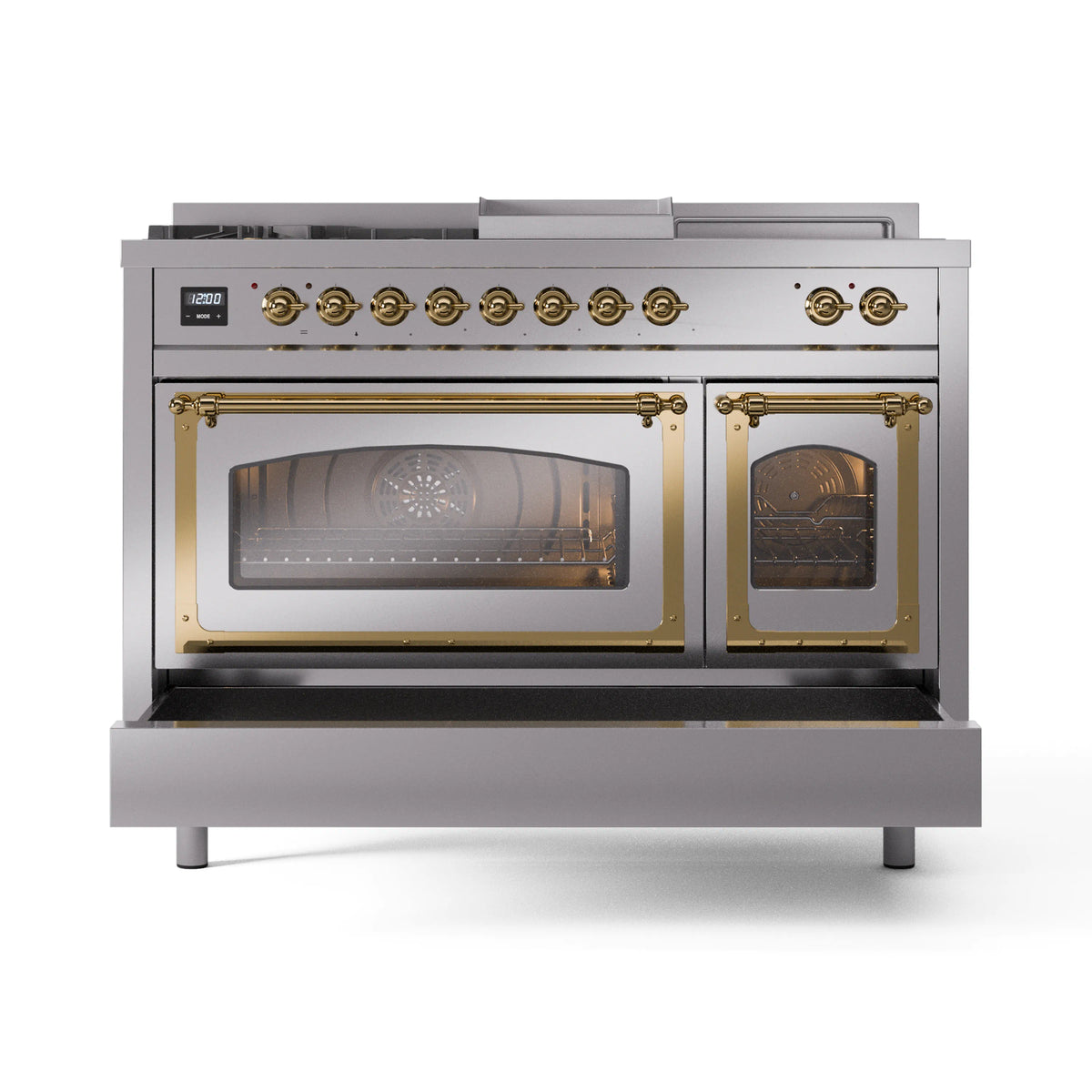 Dual fuel range with one oven window open, brass-trimmed doors, and control knobs